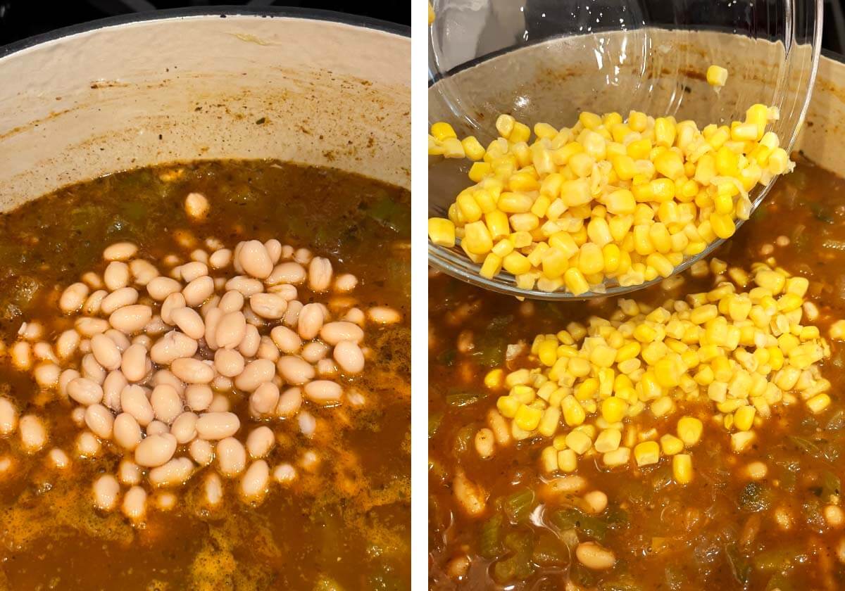 beans and corn added to the chili