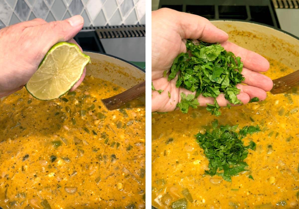 squeezing lime juice into chili, adding cilantro
