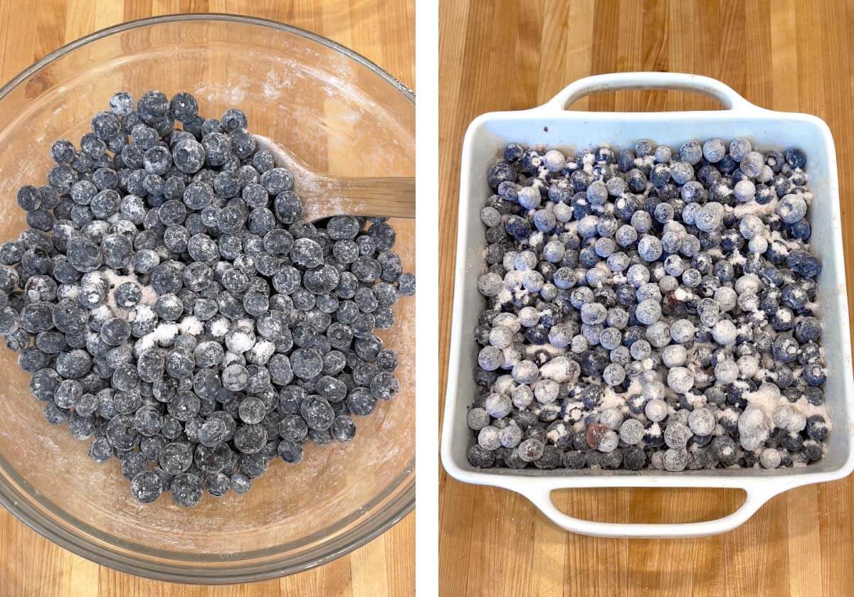 blueberries mixed in filling ingredients, added to baking dish