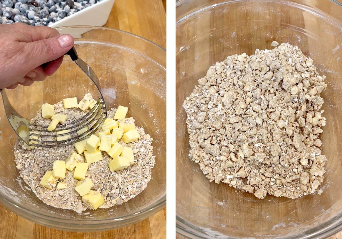 cubed butter added to dry crisp mixture, crisp mixture mixed