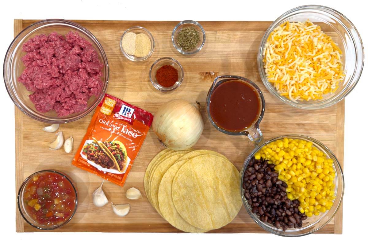 Easy Beef Enchilada Skillet ingredients shot on a board