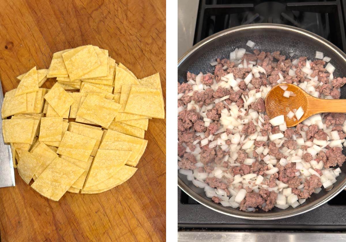 corn tortillas cut into 1-inch pieces, browning ground beef and onion in skillet