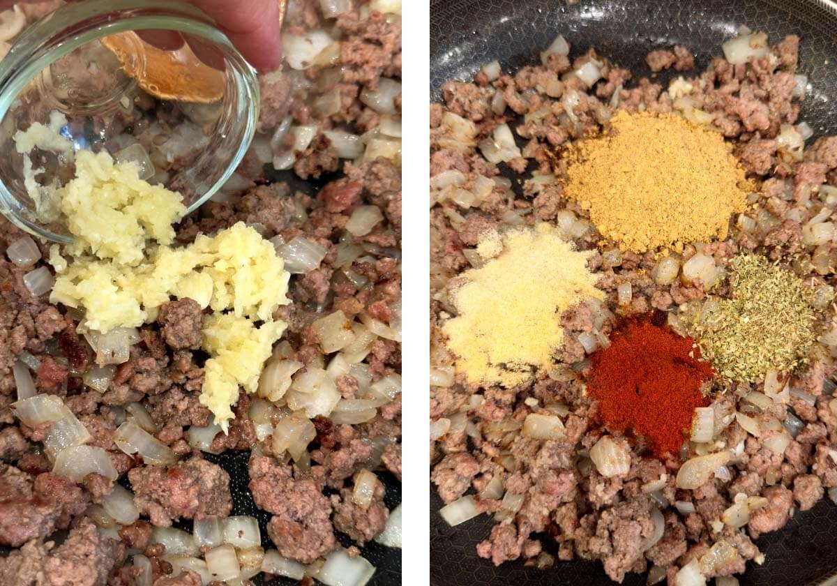 Garlic and spices added to ground beef mixture
