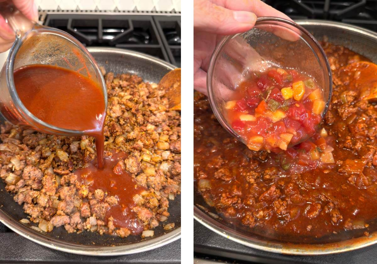 adding enchilada sauce and salsa to the beef mixture.