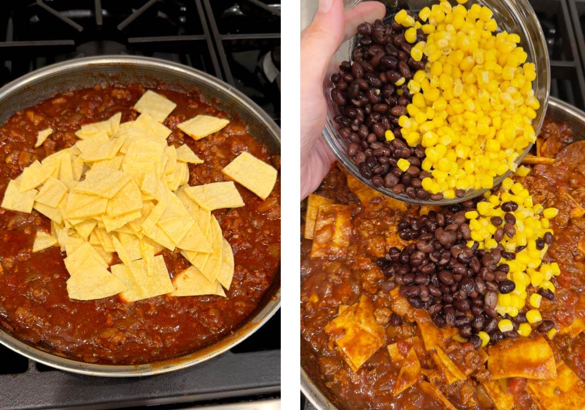 cut corn tortillas added to beef mixture, corn and black beans being added.