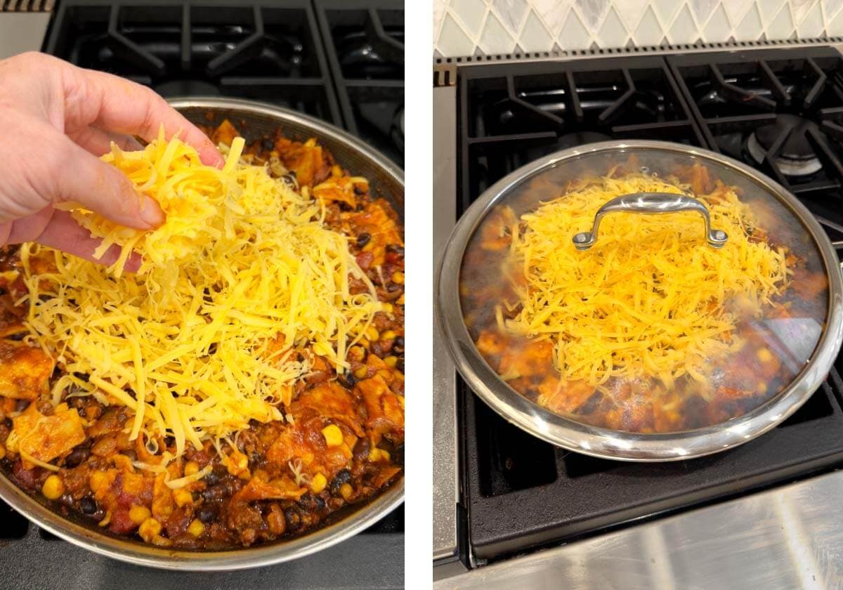 adding cheese to casserole in skillet, lid on to melt cheese.