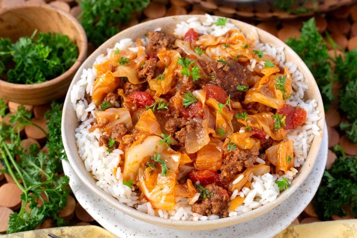 Ground Beef Cabbage on wood spoon