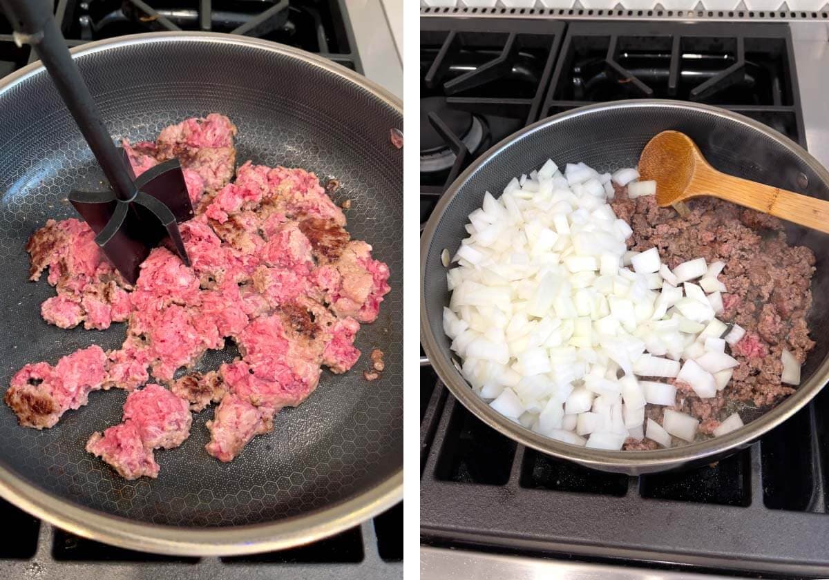 browning hamburger in skillet, onion added