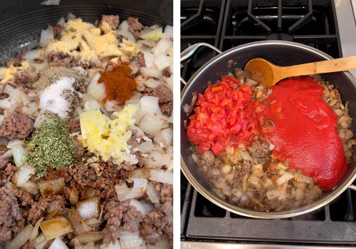 seasonings added to ground beef, tomatoes added