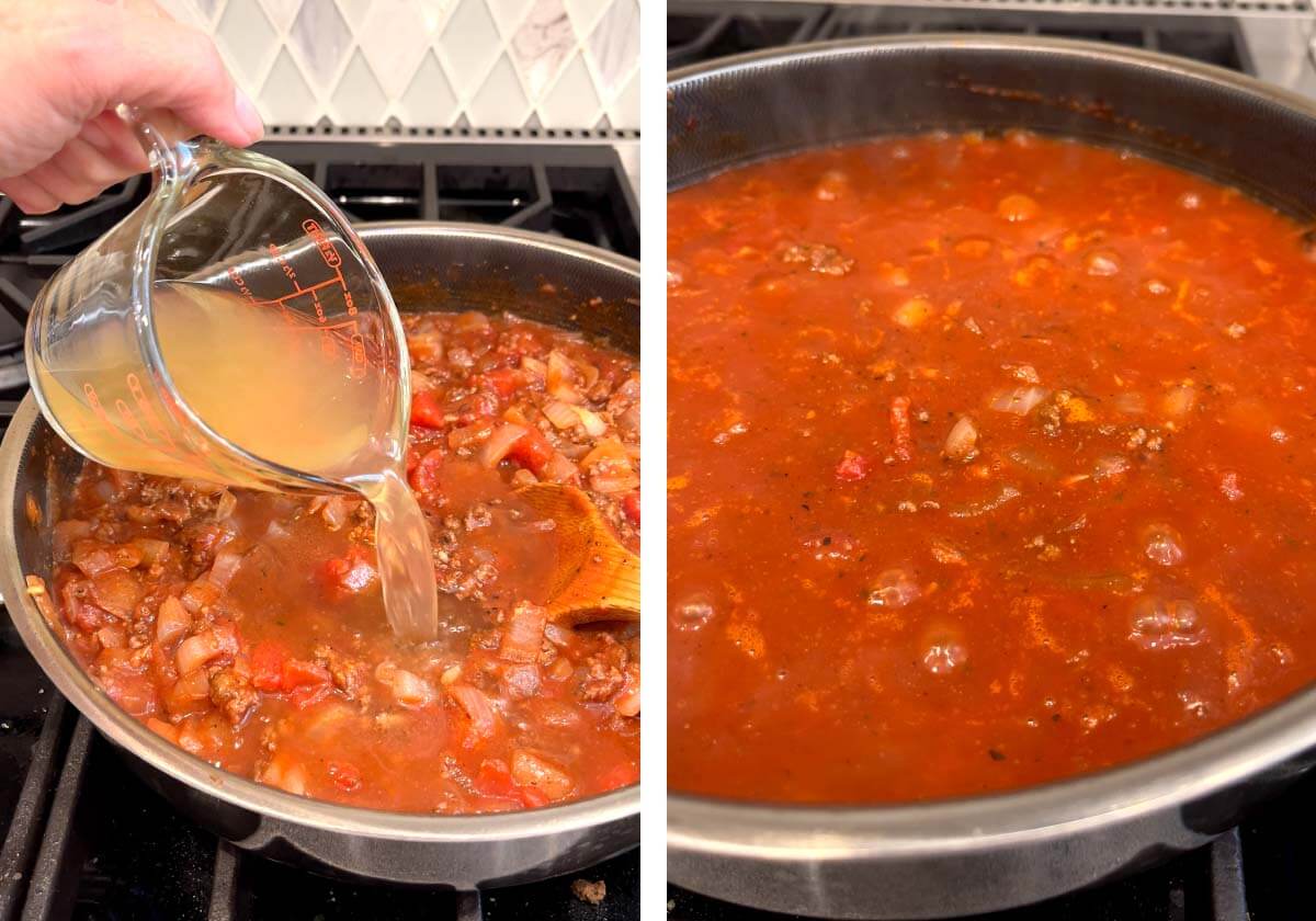 adding broth to skillet, simmering beef and sauce