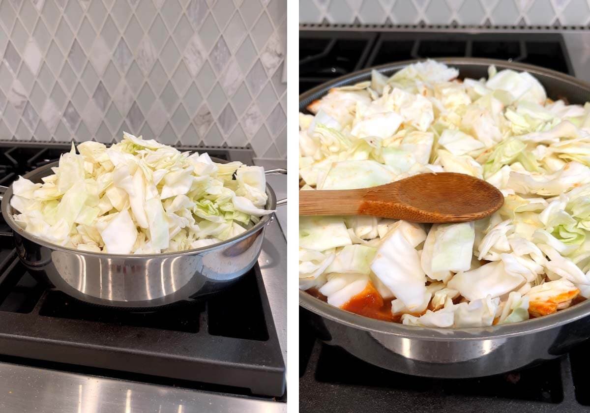 cabbage added to skillet, spoon on cabbage to press it into liquid, cooking