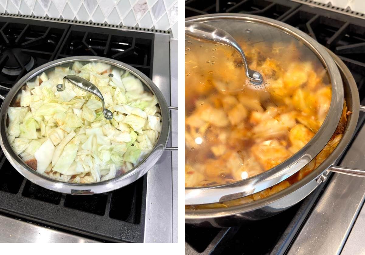 lid on skillet to cook down cabbage