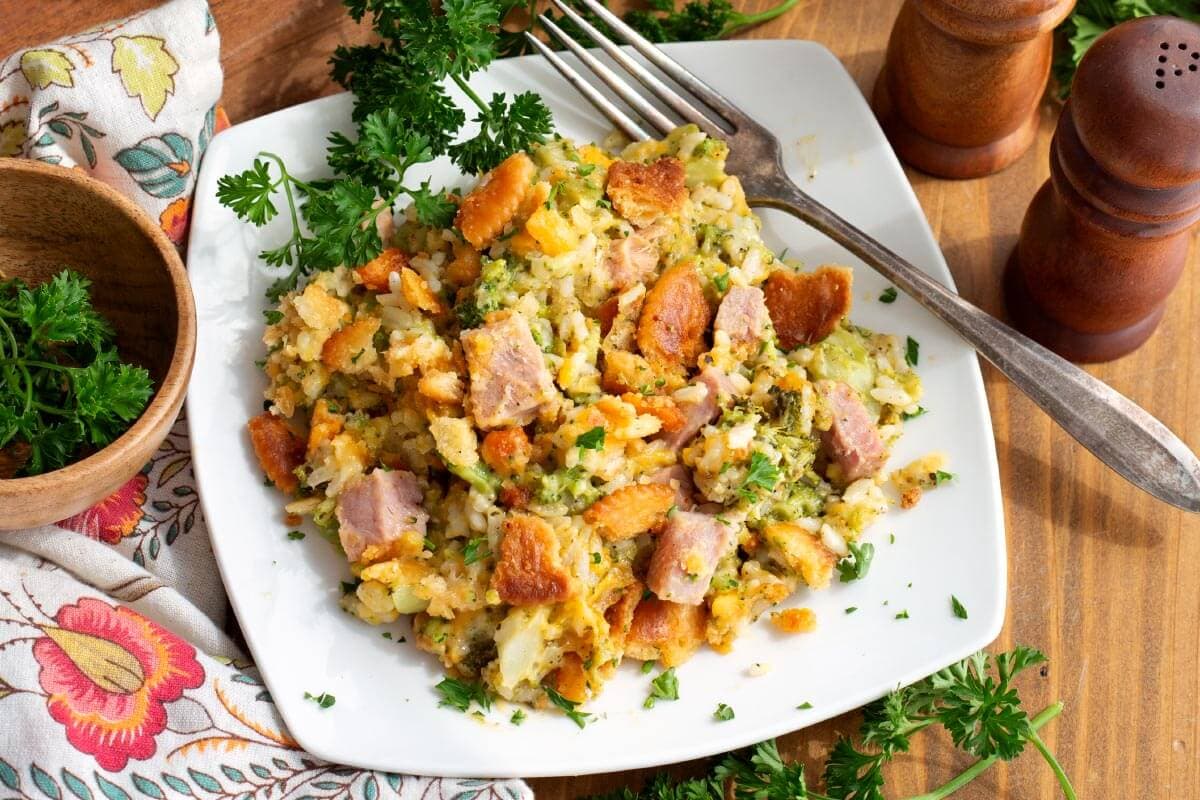Ham and Broccoli Casserole with Rice on a white plate