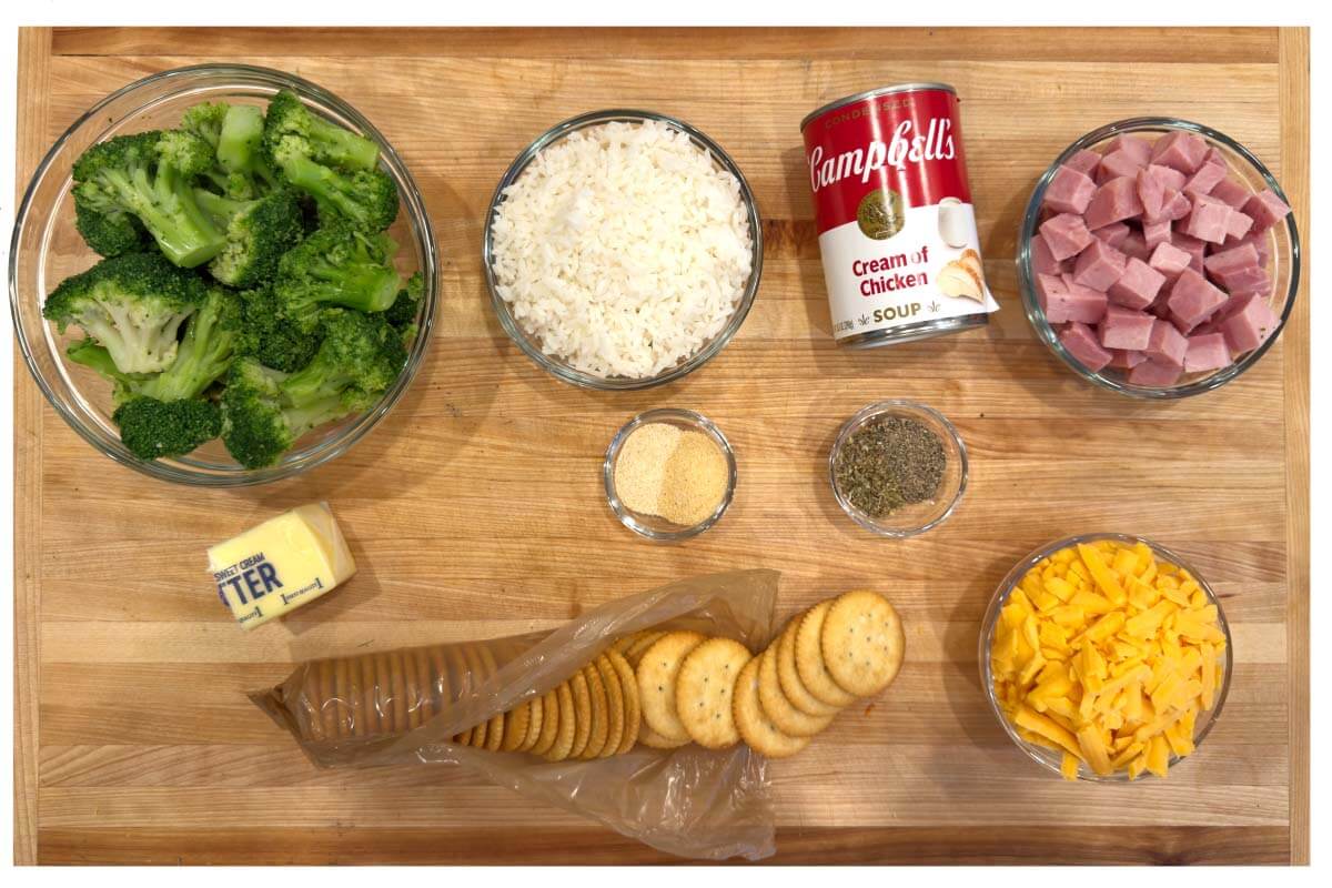 Ingredients in Ham and Broccoli Rice Casserole