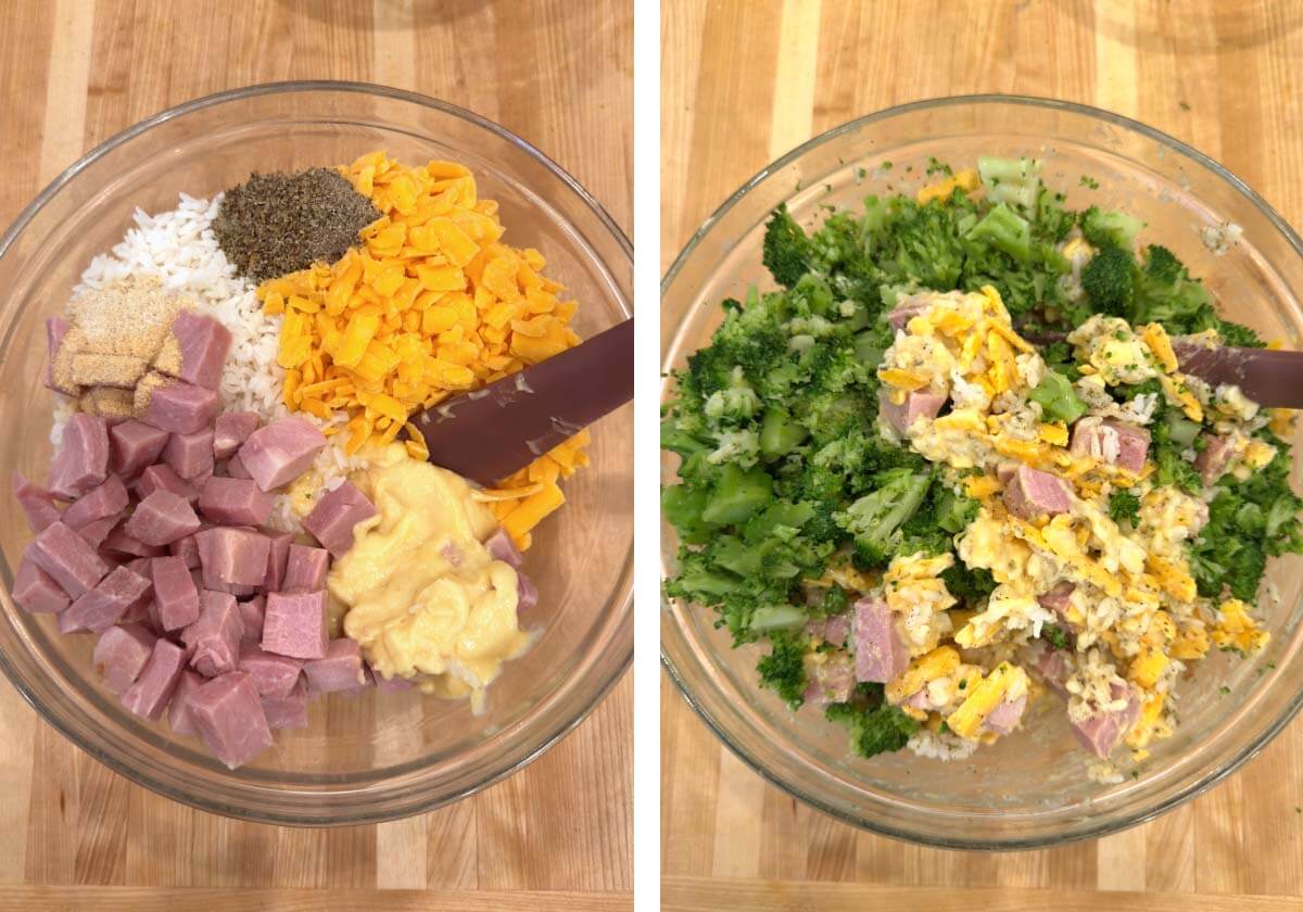 mixing ham casserole ingredients together in a bowl