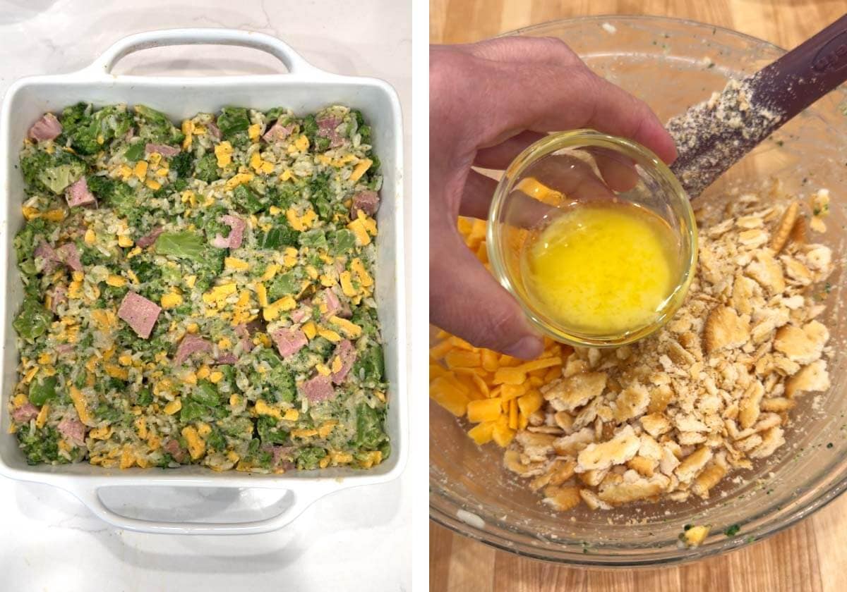 Casserole mixture in a 8x8 baking dish, mixing butter into the topping