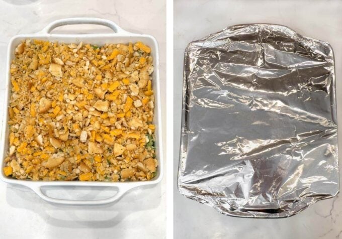 Ham and Broccoli Rice Casserole ready to bake, covered with foil