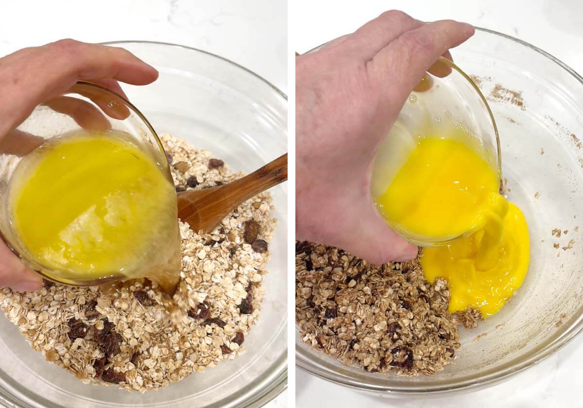 adding butter and eggs to oat mixture