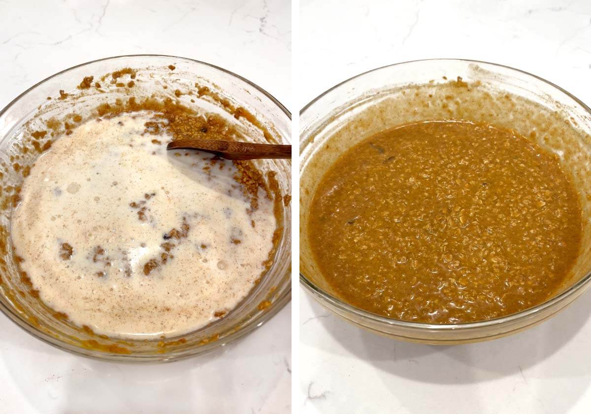 milk added to oat mixture, all mixed up