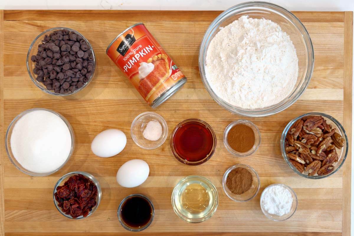 Maple Chocolate Chip Pumpkin Bread ingredients shot