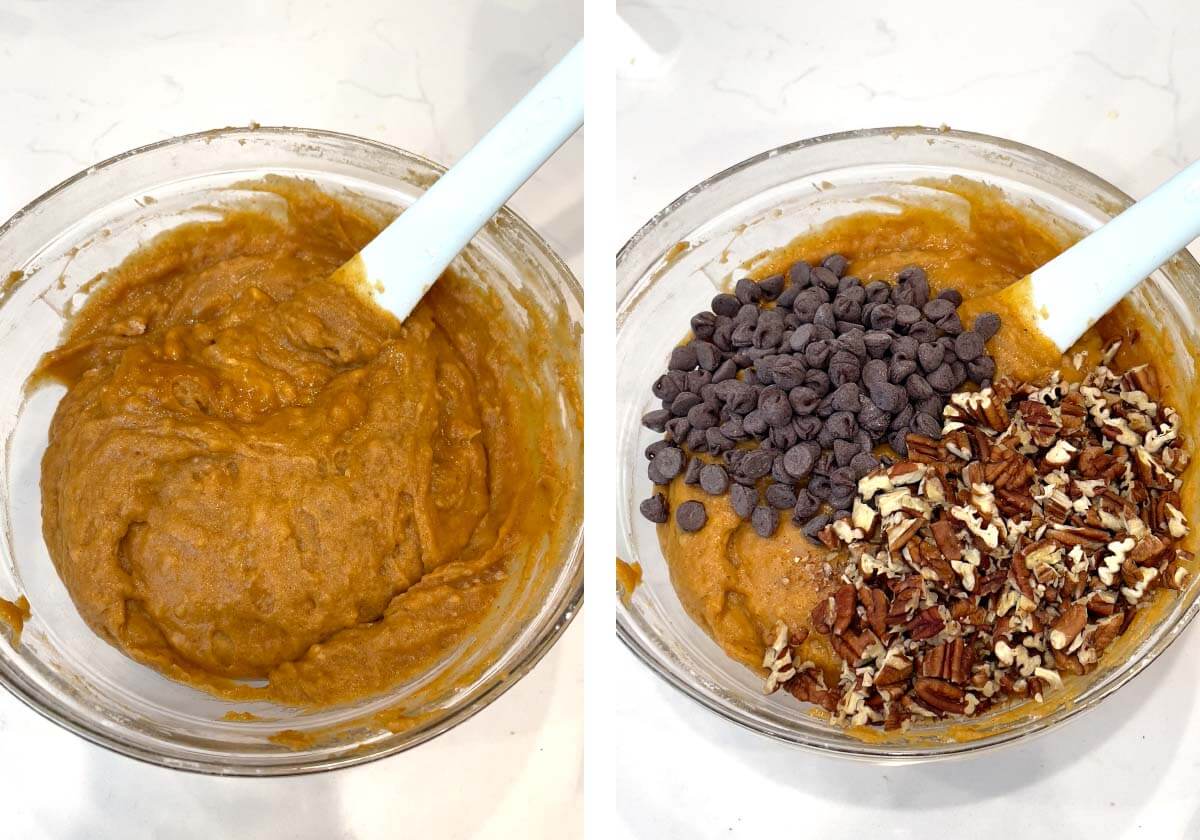 batter mixed in bowl, chocolate chips and nuts added
