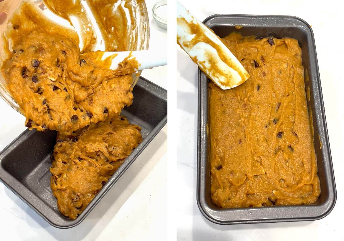pouring batter into loaf pan and smoothing it out