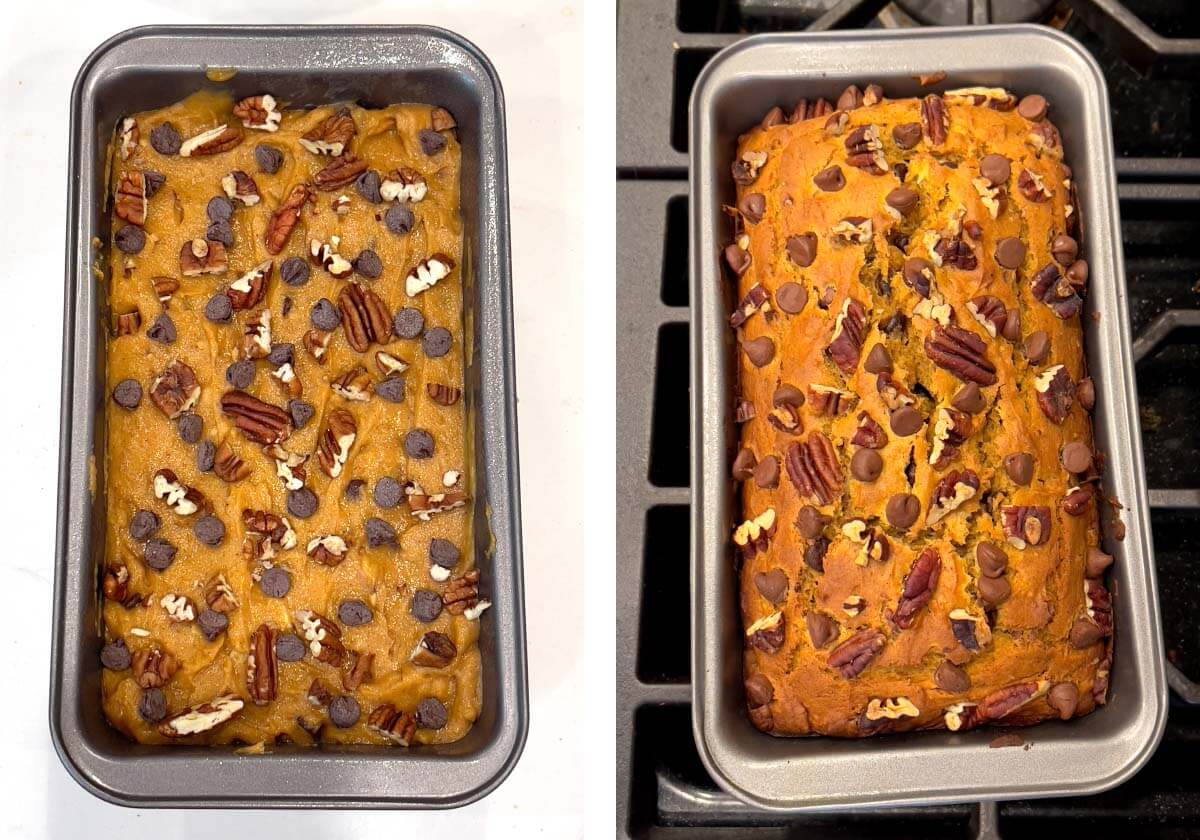 pumpkin loaf before and after baking