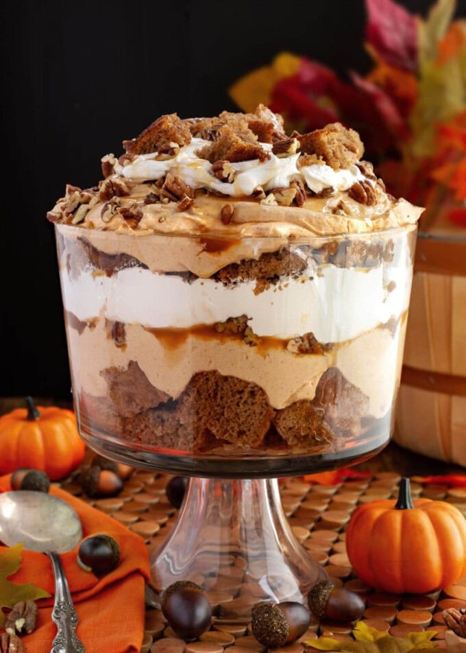 Layered Pumpkin Trifle dessert in a fall themed setting
