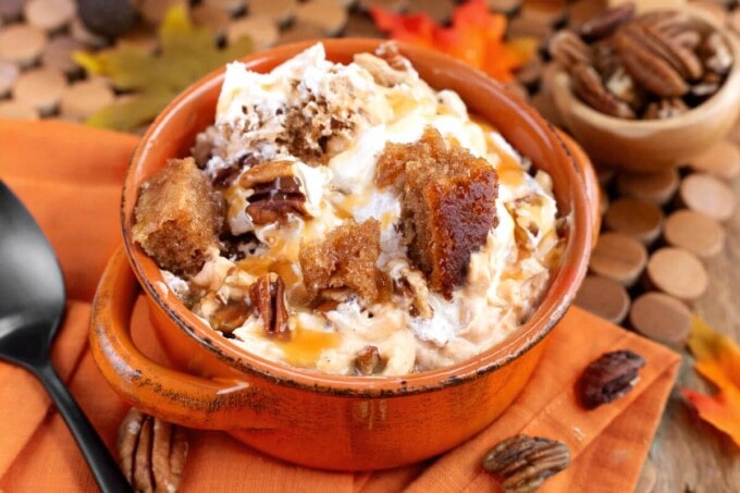 Pumpkin Trifle serving in an orange bowl