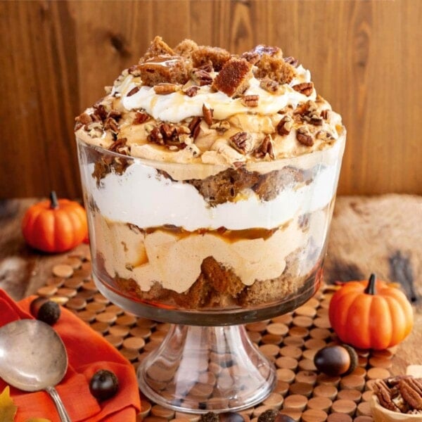 Pumpkin Trifle dessert in a glass trifle dish