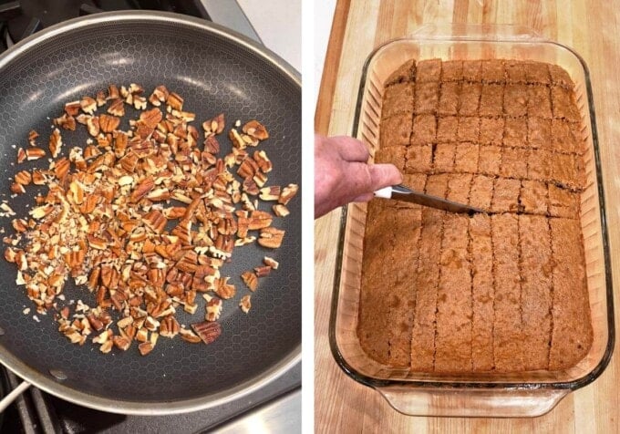 toasting pecans in pan, cutting cake into cubes