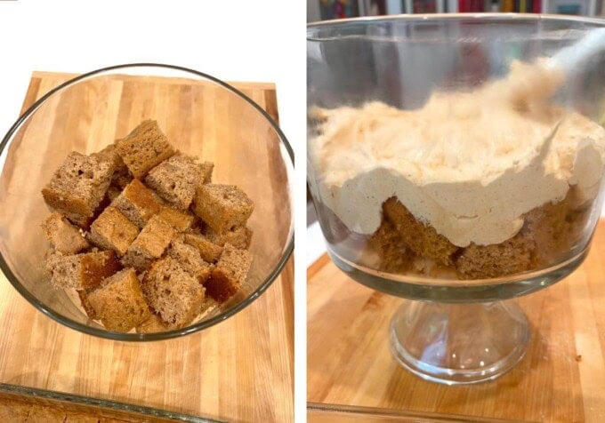 layering cake and pumpkin cream in trifle dish