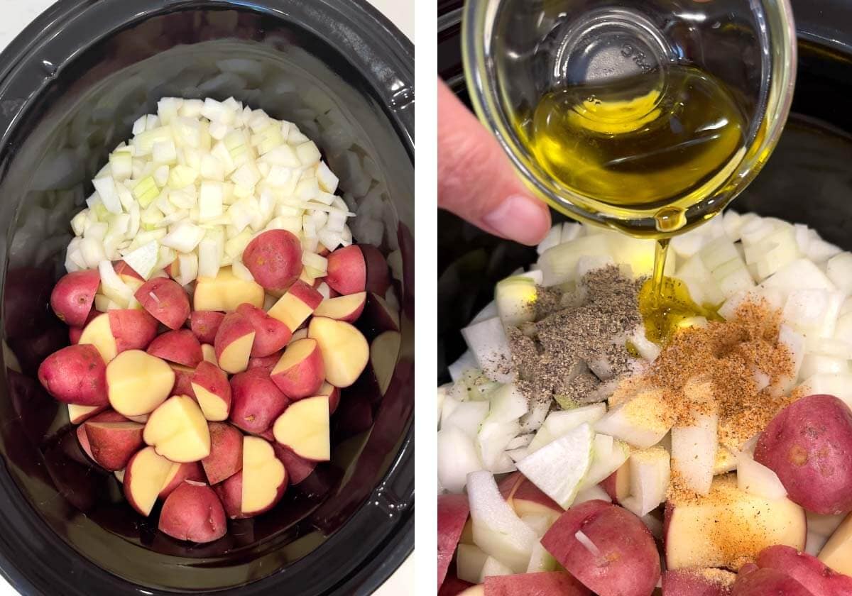 potatoes and onion in the crock with oil and seasonings being added.