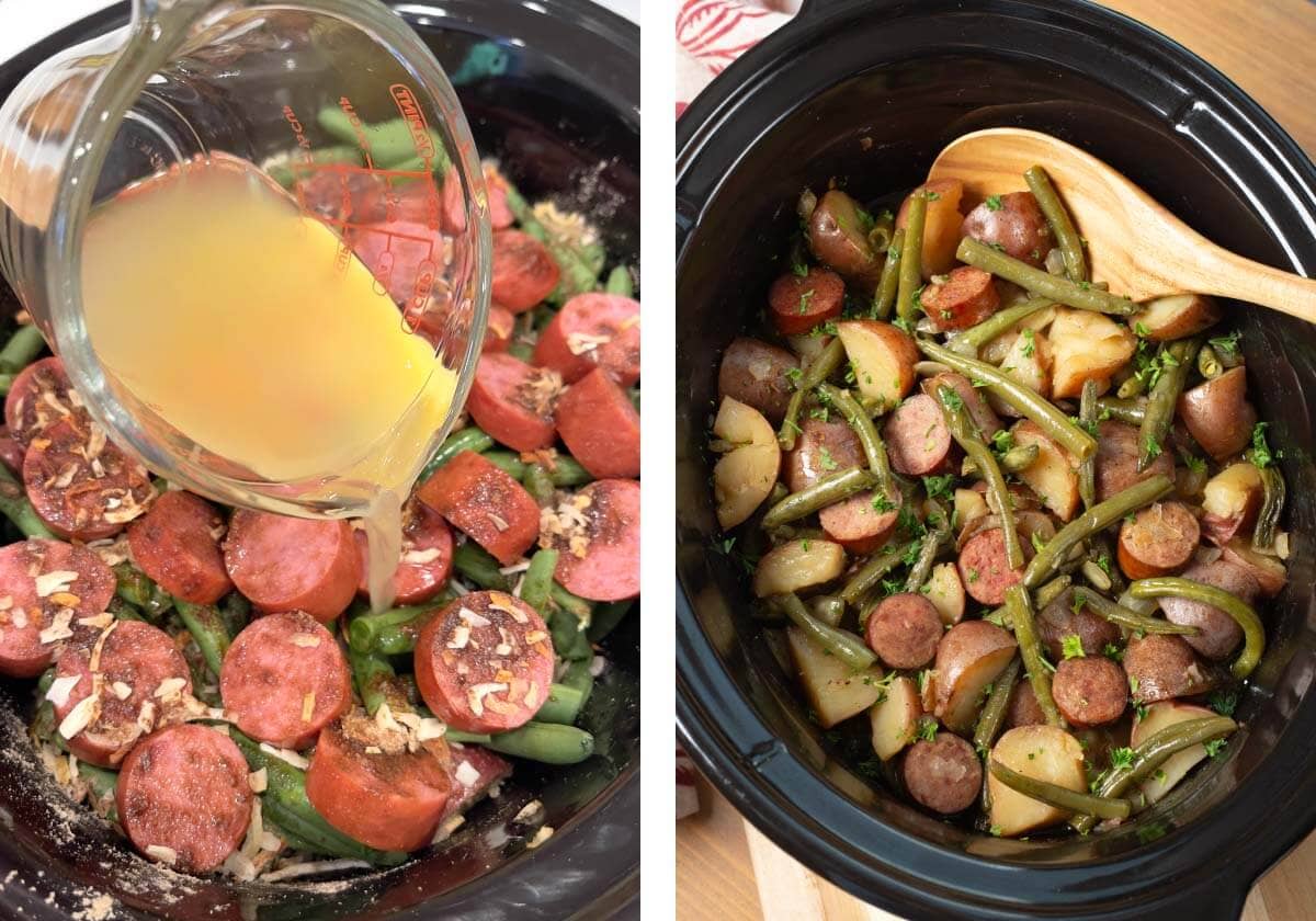 pouring chicken broth over sausage, swamp potatoes after cooking.