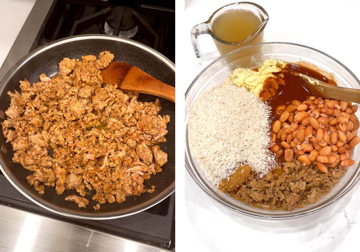 browning hamburger in skillet, bowl with taco rice ingredients
