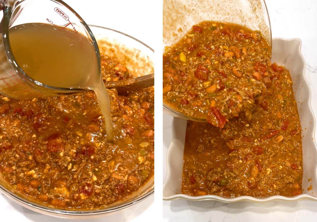 pouring broth into beef mixture, pouring mixture into casserole dish