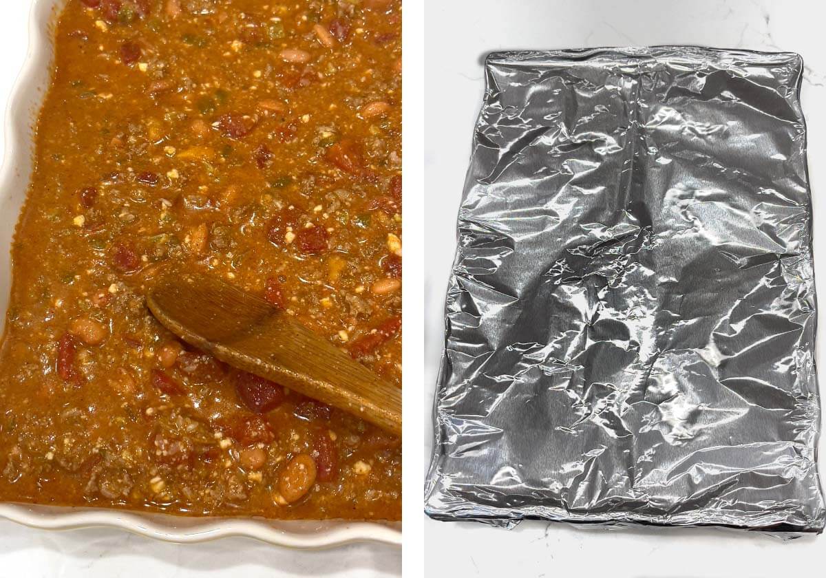 pressing rice into liquid with spoon, dish covered with foil