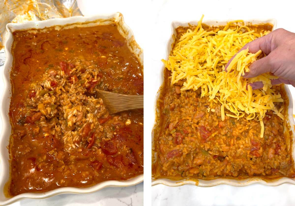 stirring rice casserole, adding shredded cheese to top