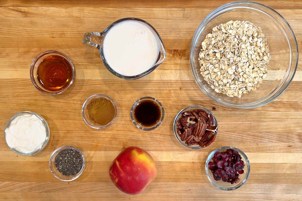 Apple Overnight Oatmeal ingredients shot on a board