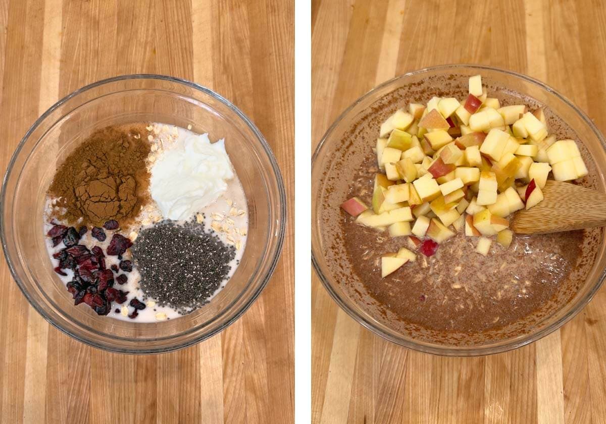 ingredients added to a bowl, mixed ingredients with diced apples on top