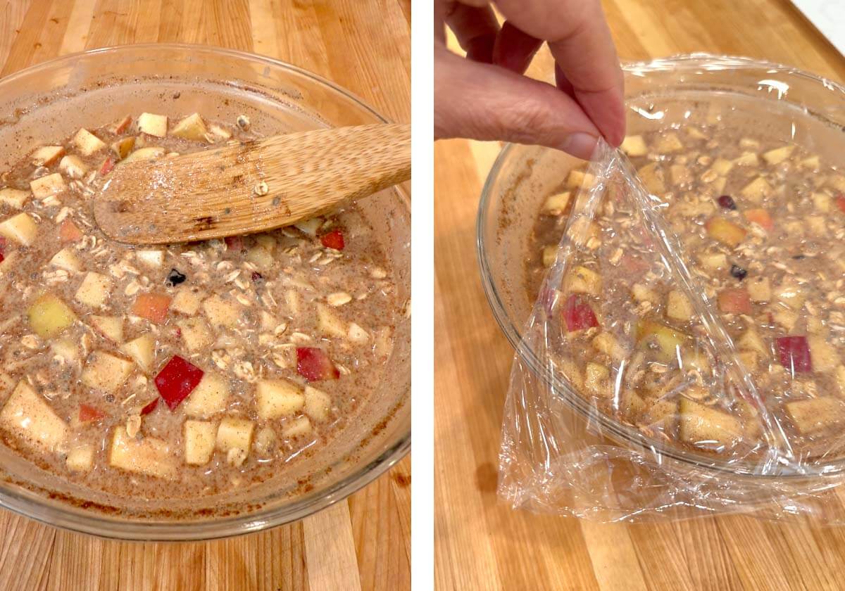 pressing ingredients into the liquid, covering bowl with plastic wrap