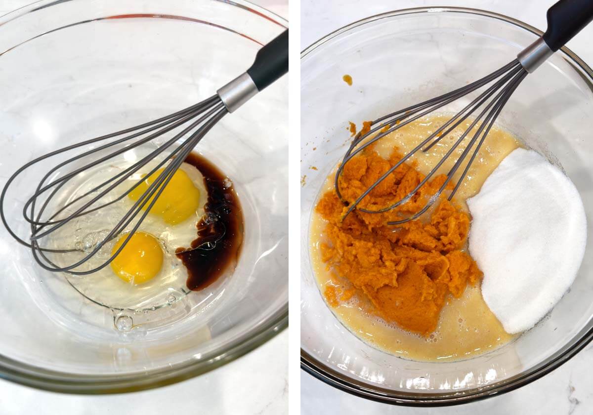 whisking eggs, oil, vanilla, sugar and pumpkin in a bowl