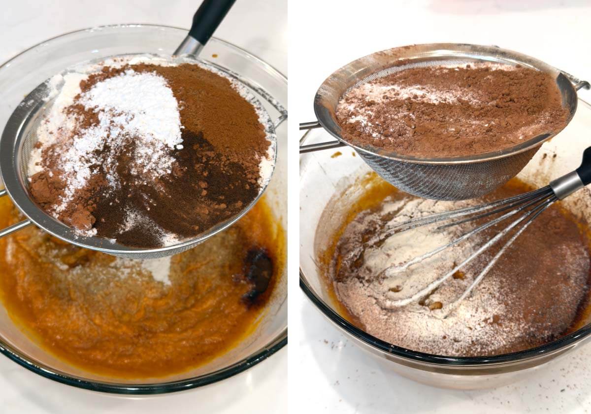 sifting dry ingredients into wet