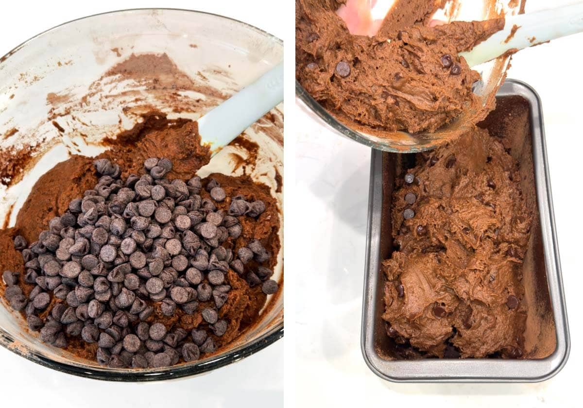 chocolate chips added to batter, transferring batter into loaf pan