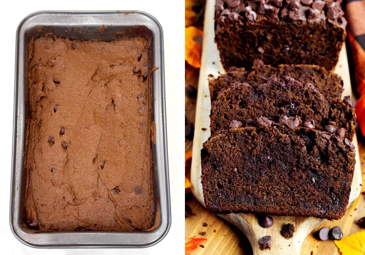batter in loaf pan, baked finished loaf