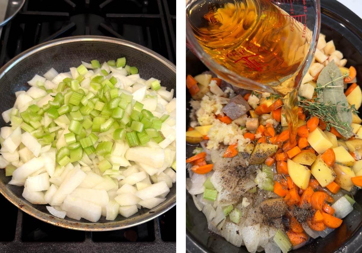 sautéing onion and celery, adding broth and apple cider to everything in the crockpot