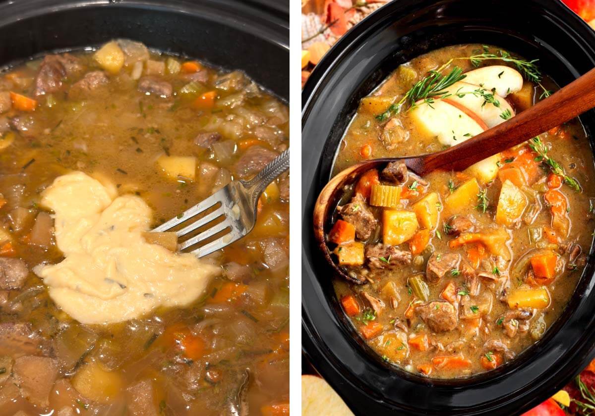 stirring flour slurry into stew, finished stew with garnishes in crock