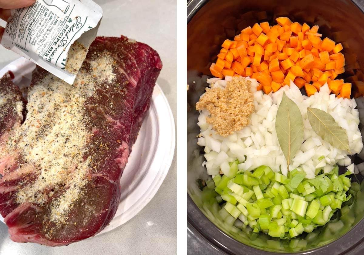 seasoning beef roast, veggies added to crockpot