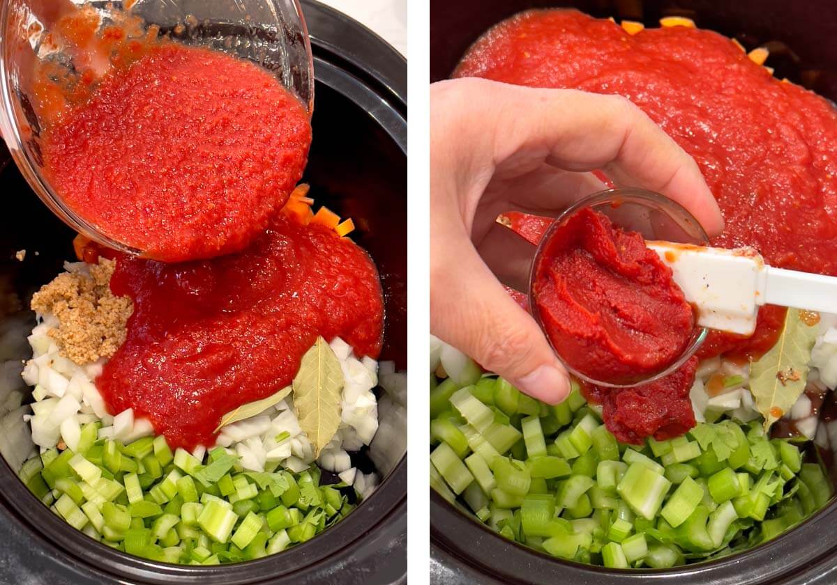 adding crushed tomatoes and tomato paste to veggies in crock