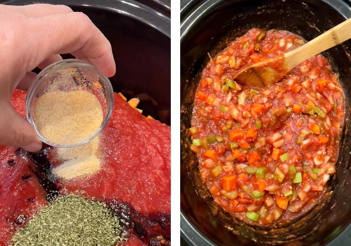 adding seasonings to crockpot and stirring it all